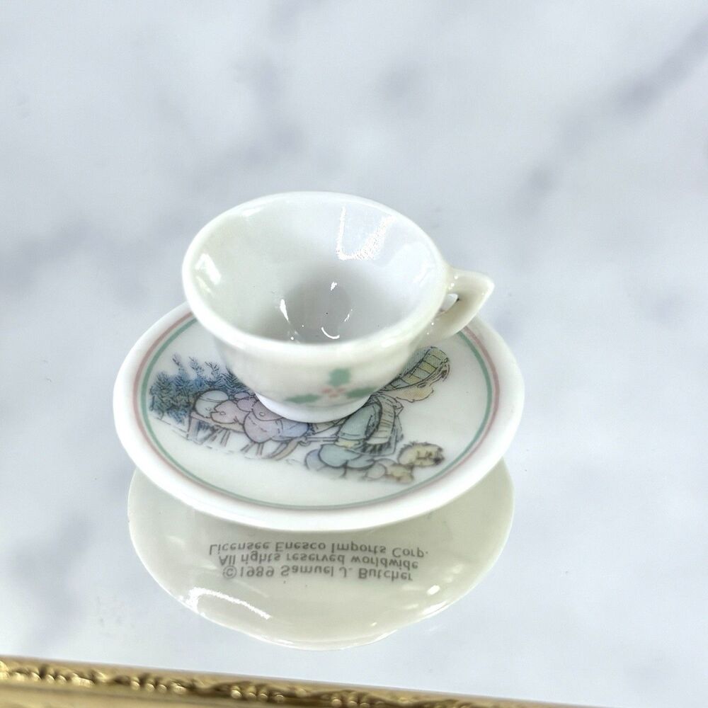 Vtg 80s Miniature Precious Moments Tea Cup Saucer Samuel Enesco Japan 1989 Cute